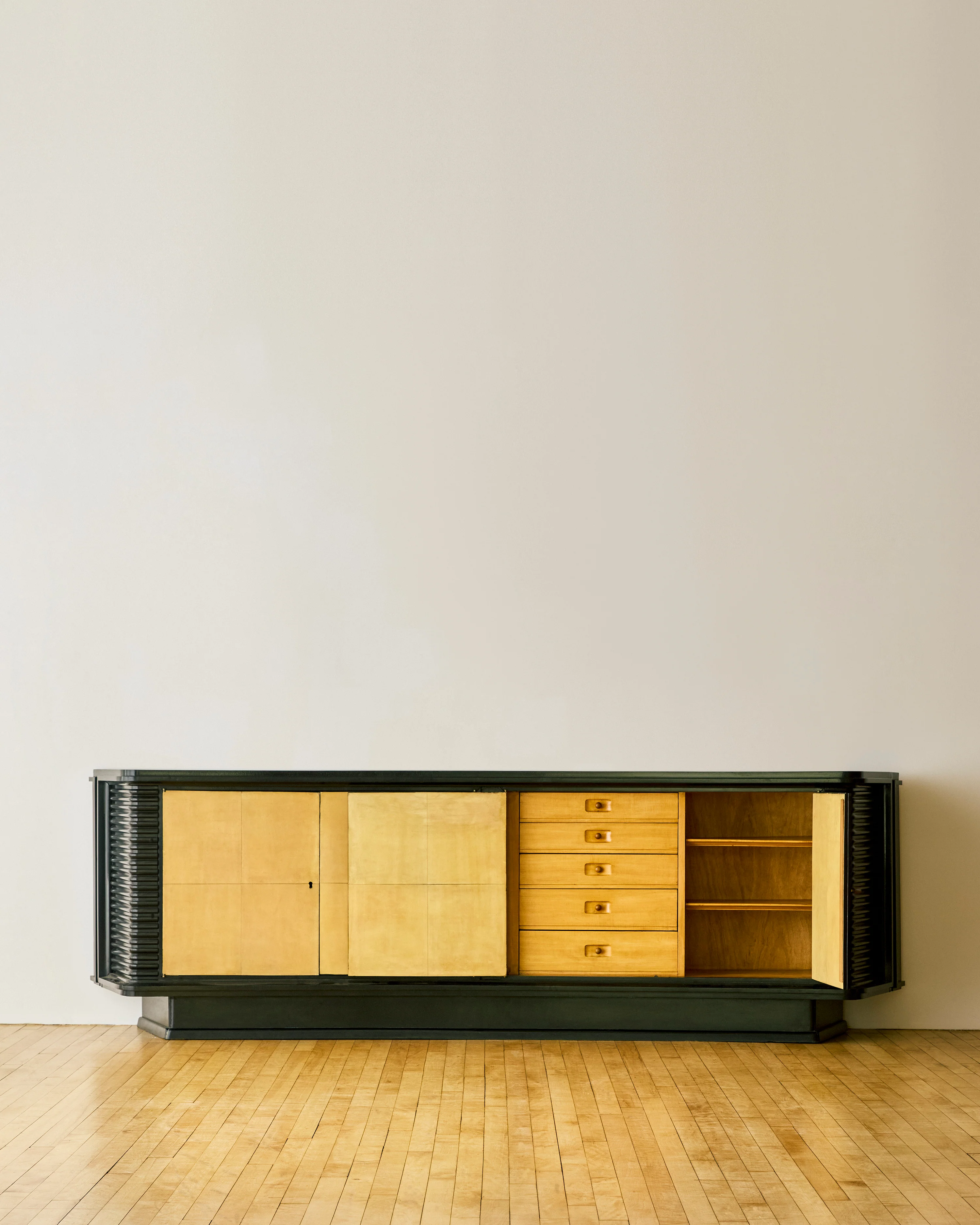 EBONIZED WOOD AND PARCHMENT DECO SIDEBOARD BY ENGLANDER AND BONTA C 1940s - Image 3
