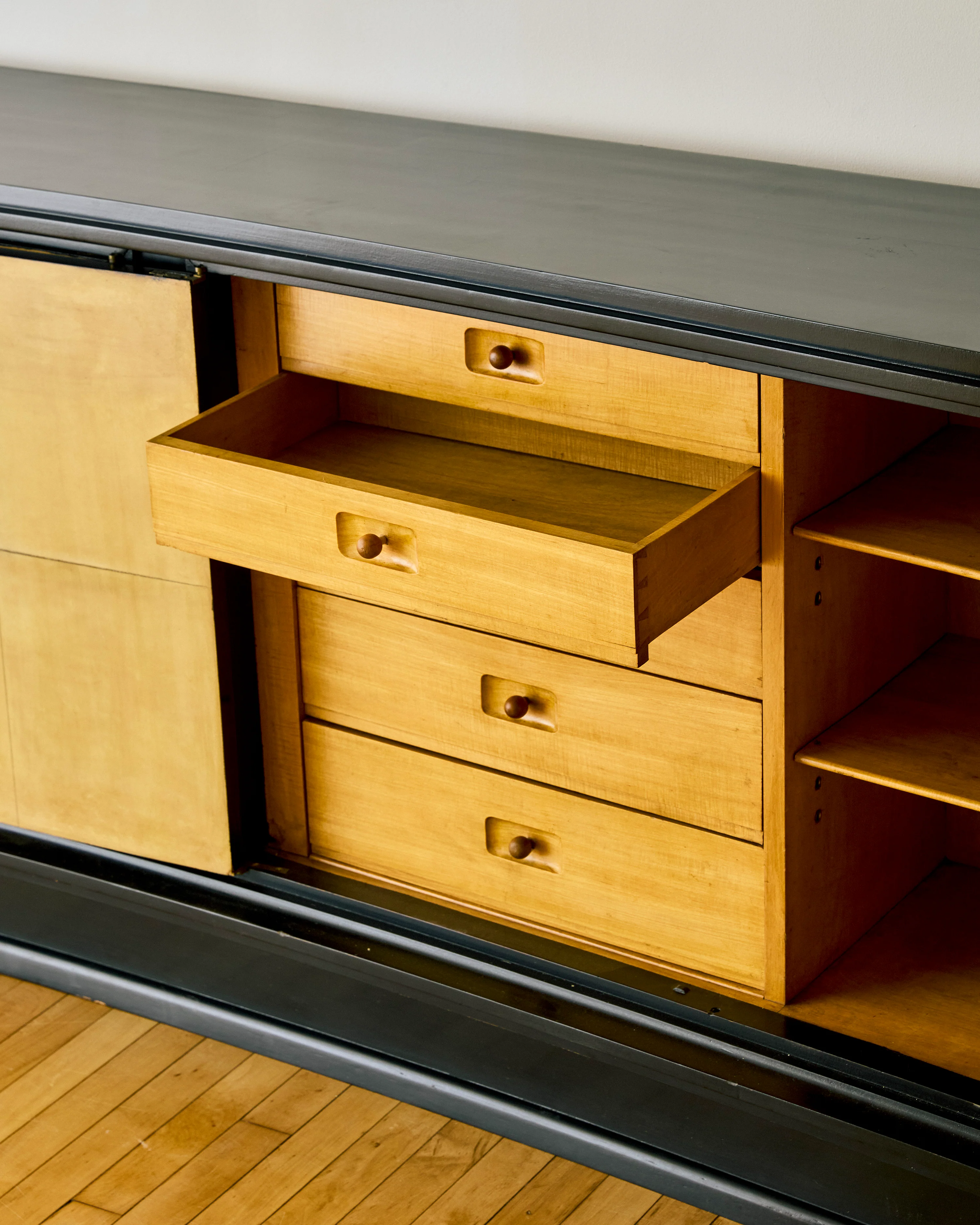 EBONIZED WOOD AND PARCHMENT DECO SIDEBOARD BY ENGLANDER AND BONTA C 1940s - Image 5