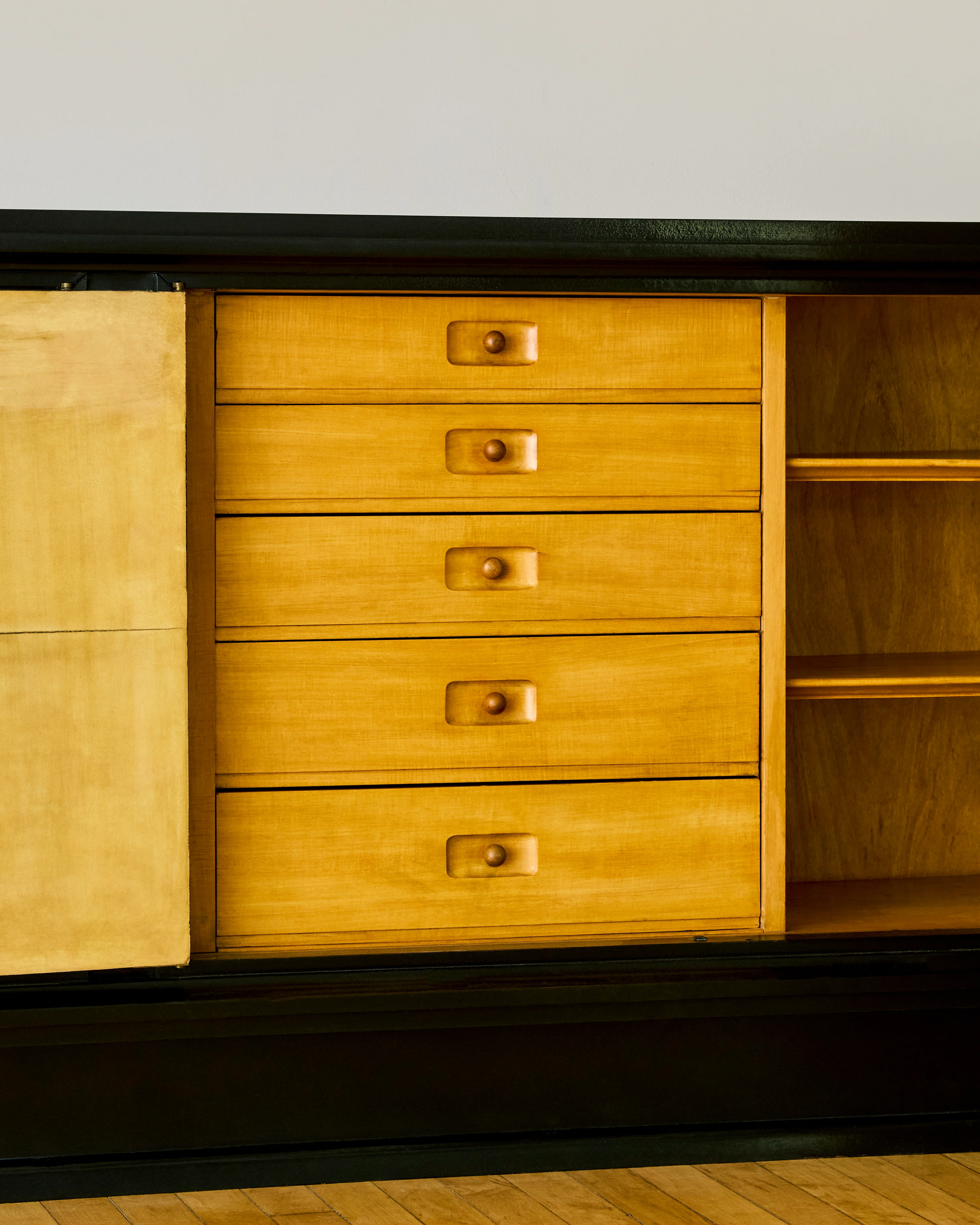 EBONIZED WOOD AND PARCHMENT DECO SIDEBOARD BY ENGLANDER AND BONTA C 1940s - Image 6